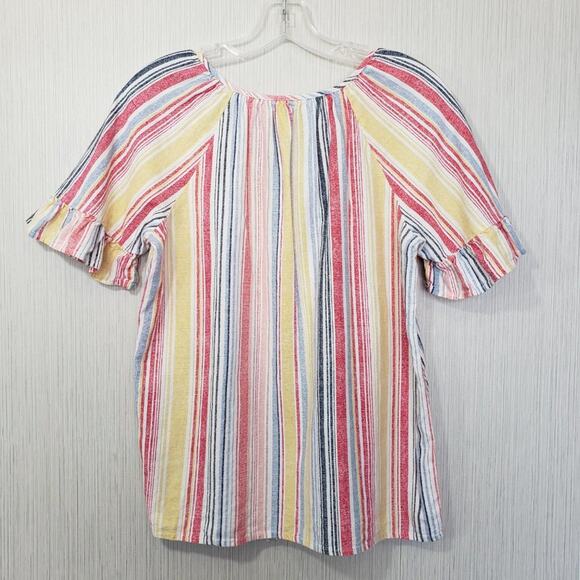 Chloe + Rene striped linen blend ruffle short sleeve tie front shirt womans sz M - Picture 3 of 6